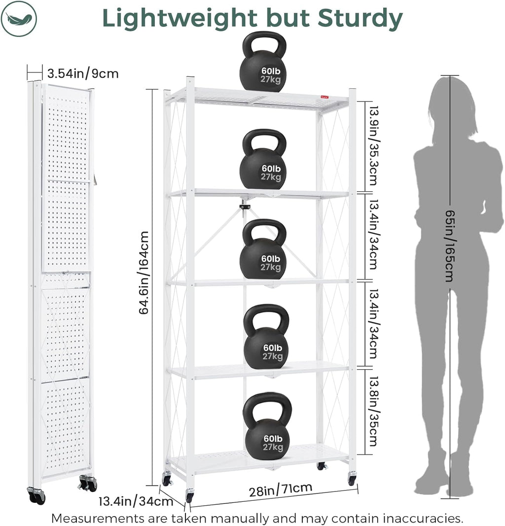 DEANIC 5 Tier Foldable Storage Shelves with Wheels, Large Capacity Shelving Unit, Freestanding Metal Wire Shelf Rack, No Assembly Organizer Rack for Garage Kitchen, Basement, Pantry(White)