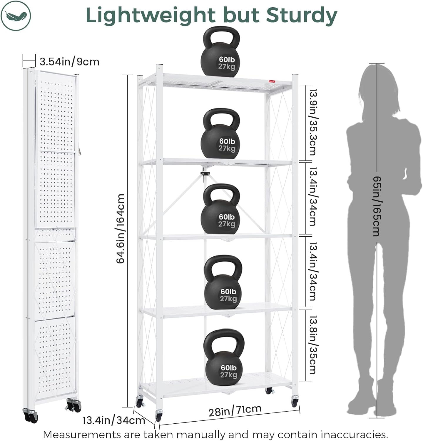 DEANIC 5 Tier Foldable Storage Shelves with Wheels, Large Capacity Shelving Unit, Freestanding Metal Wire Shelf Rack, No Assembly Organizer Rack for Garage Kitchen, Basement, Pantry(White)