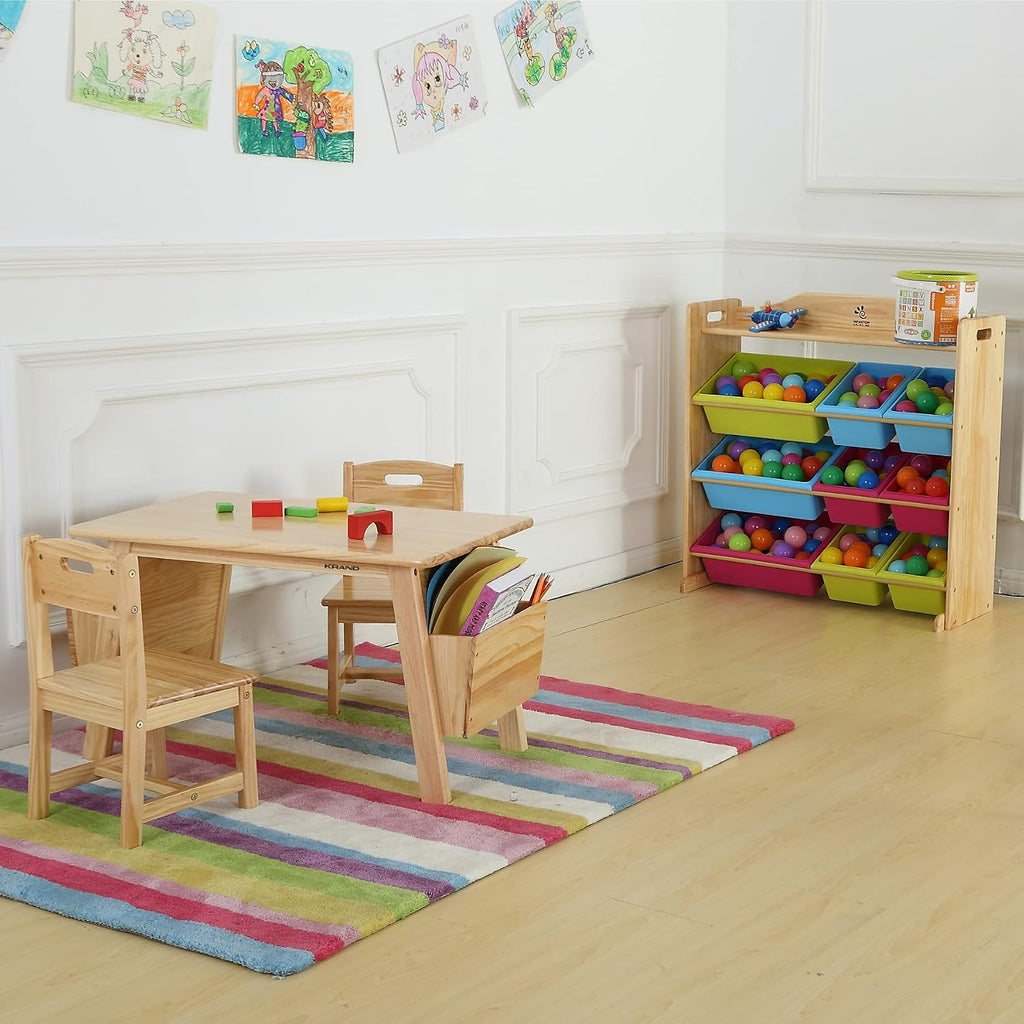 Kids Solid Wood Table and 2 Chair Set with Storage Desk and Chair Set for Children Toddler Activity Table (Solid Wood/Natural)