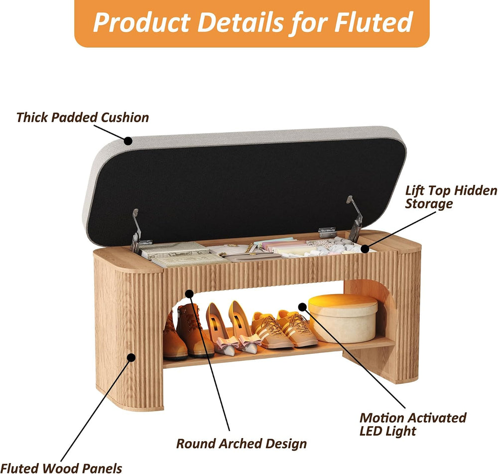 HOMEFORT 40.2" Fluted Storage Bench with Built-in LED Light, Flip-Top Sh...