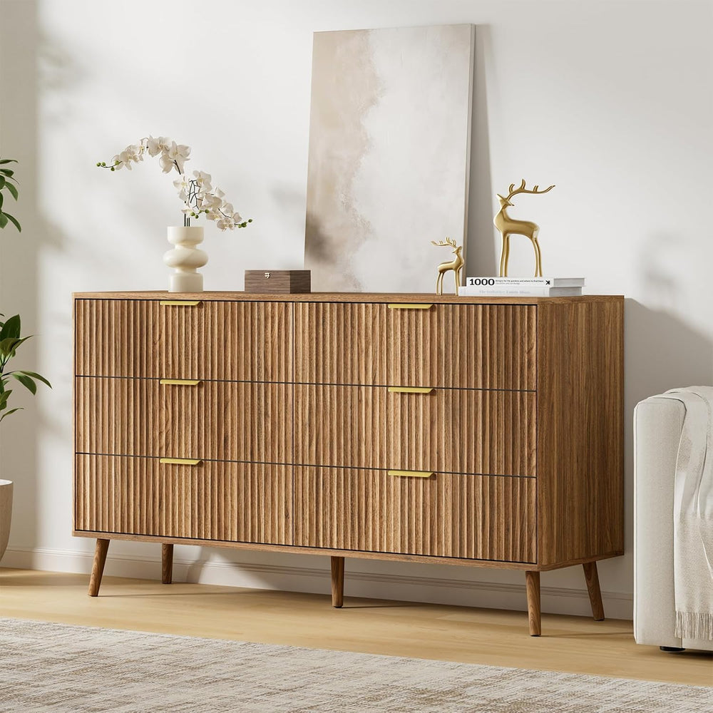 LYNSOM Fluted Dresser and Nightstand Sets 3 Piece, 6-Drawers Dresser and 1-Dr...