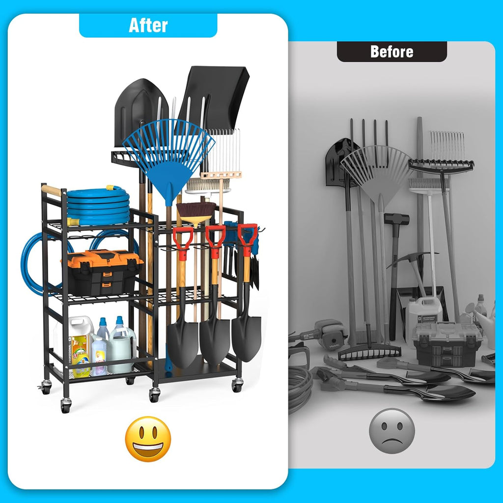 NADAMOO Garden Tool Organizer with Rolling Wheel, 3-tier Metal Shelf Yard Tool Holder, Utility Stand Rack for Garage Organization and Storage, Hold Long-Handled Rakes, Shovel, Broom