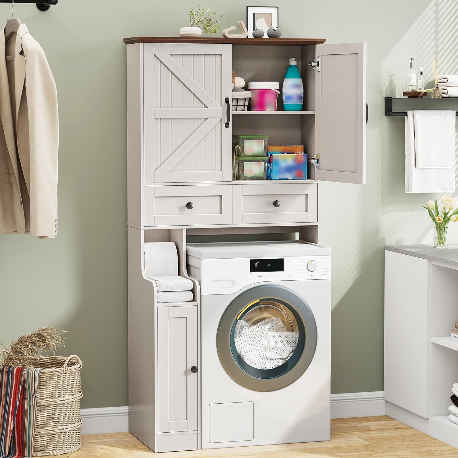 Over The Toilet Storage Cabinet, Storage Cabinet Over Toilet with Double Doors & Toilet Paper Holder Stand, Freestanding Toilet Shelf Space Saver with Anti-Tip Design & Adjustable Shelf, White