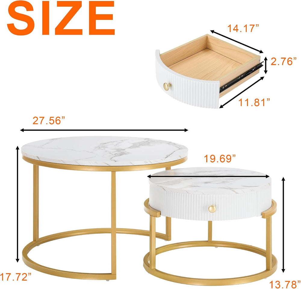Round Nesting Coffee Table with Drawer for Small Living Room, Gold | 27.56&qu...