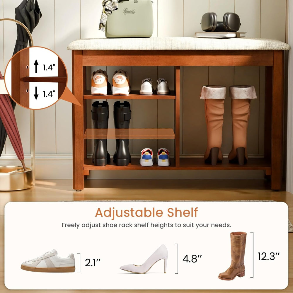 FAGAGA Shoe Rack Bench with Cushioned Seat, Solid Wood Entryway Bench with Fl...