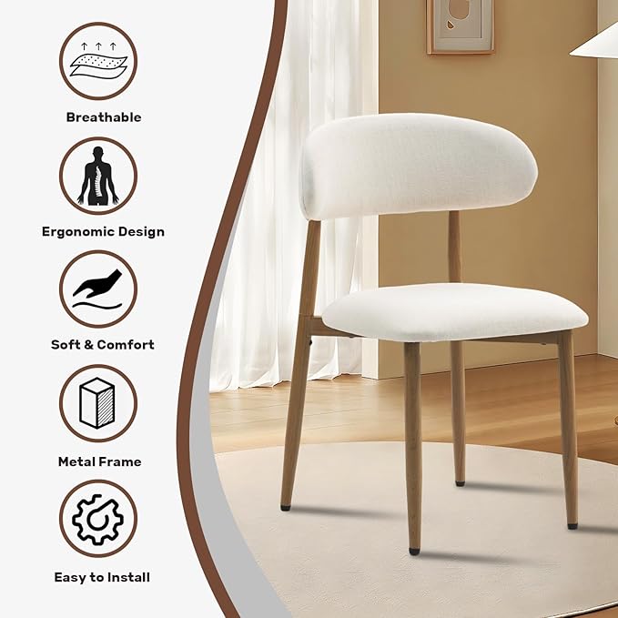 UVV Dining Chairs Set of 2, Metal Kitchen Chairs with Modern Fabric Upholstered for Dining Room, Beige