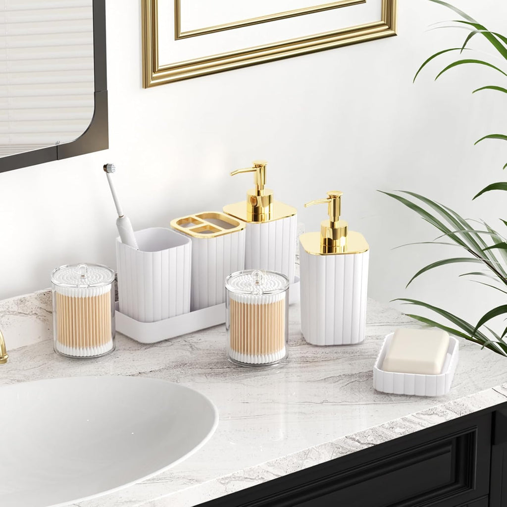Bathroom Accessories Set- 25PC White Bathroom Set, Bathroom Set with Shower Curtain and Rugs, Pink Shower Curtain Set, Soap Dish & Trash Can