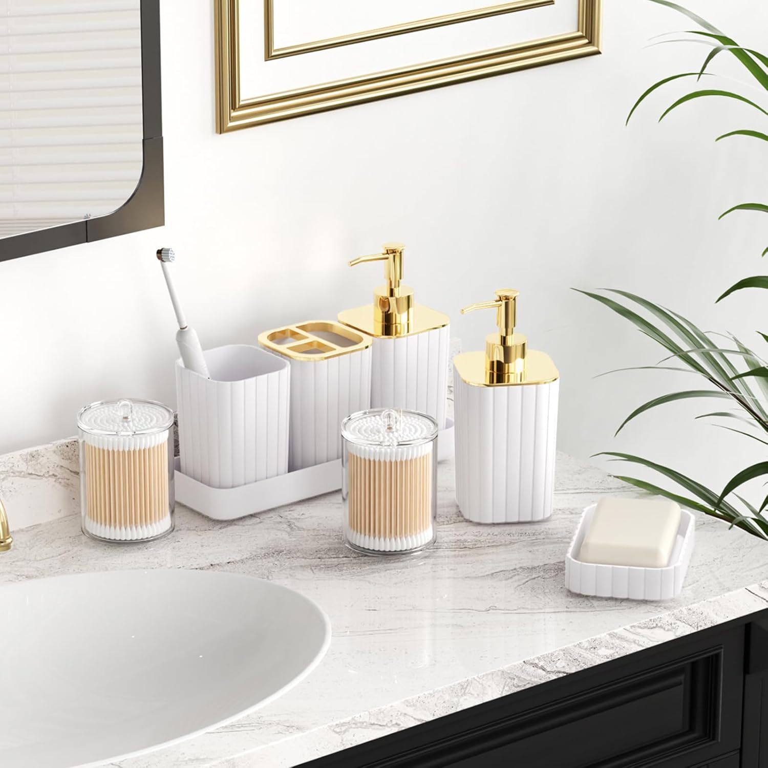 Bathroom Accessories Set- 25PC White Bathroom Set, Bathroom Set with Shower Curtain and Rugs, Pink Shower Curtain Set, Soap Dish & Trash Can