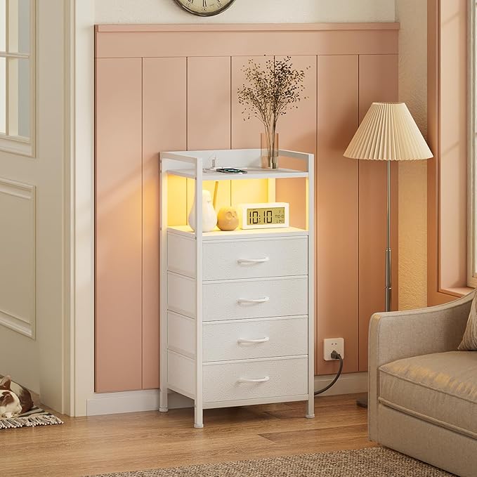 Furnulem White Nightstand with Charging Station, Night Stand Side Table with ...