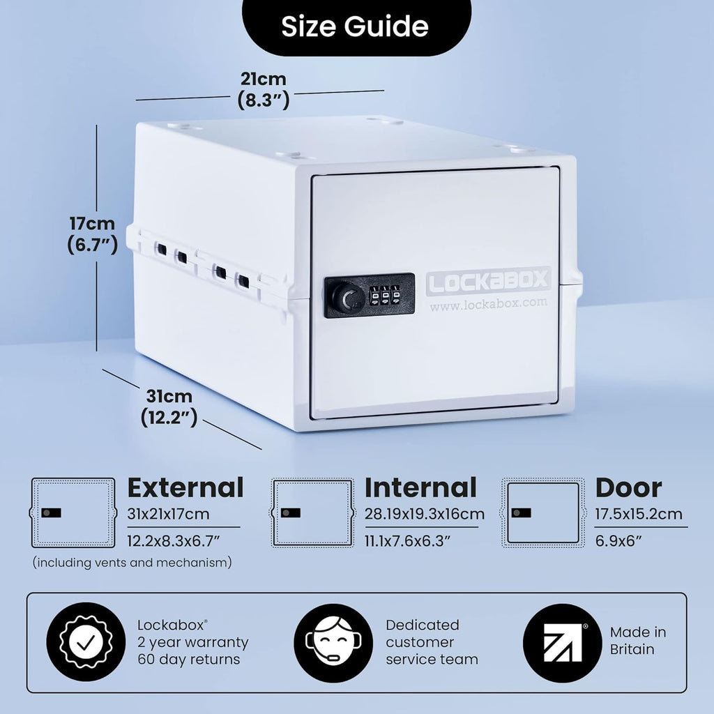 Lockabox One™ | Premium Lock Box | Medium Combination Lock Box For Food, Medicine & Home Safety | External Size 12 x 8 x 6.6 inches (Opal White)