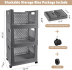 Stackable Plastic Storage Bins, 3 Pack Foldable Closet Organizers and Storage Basket with Wheels, Collapsible Drawer Shelf Storage Box Container for Office Bedroom Closet Wardrobe Kitchen Bathroom