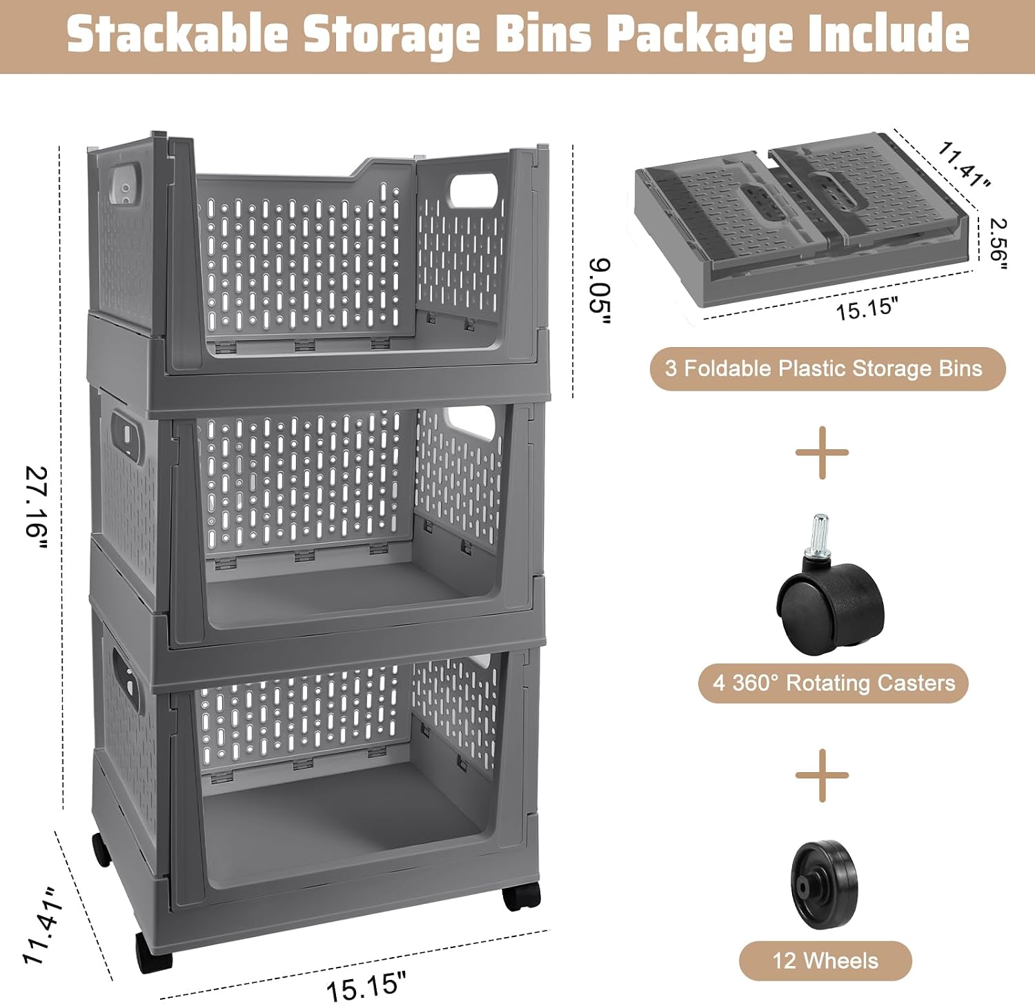 Stackable Plastic Storage Bins, 3 Pack Foldable Closet Organizers and Storage Basket with Wheels, Collapsible Drawer Shelf Storage Box Container for Office Bedroom Closet Wardrobe Kitchen Bathroom