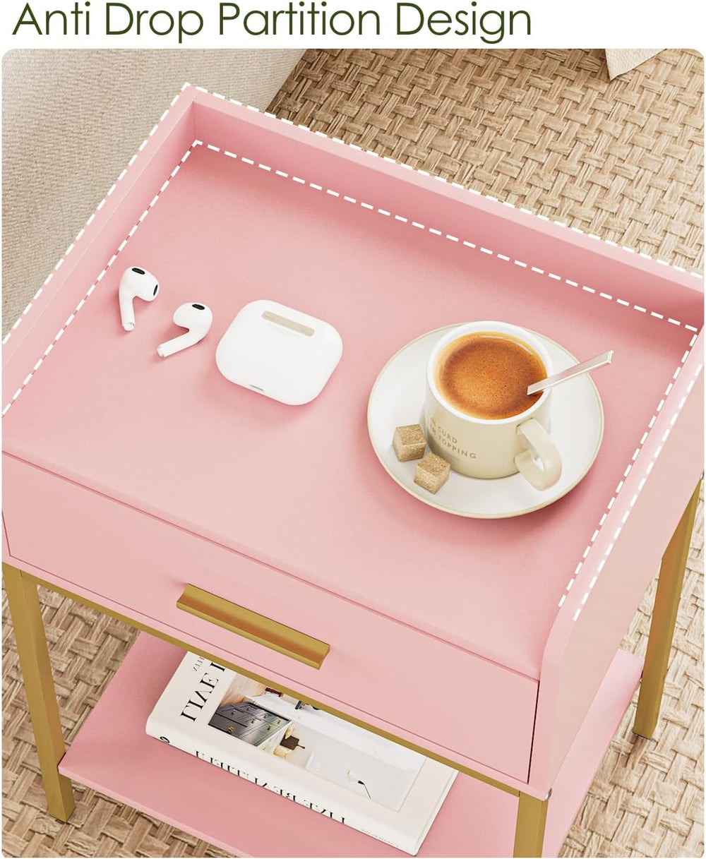 Nightstand, Modern Bedside Table with Drawer and Legs,Pink and Gold Night Sta...