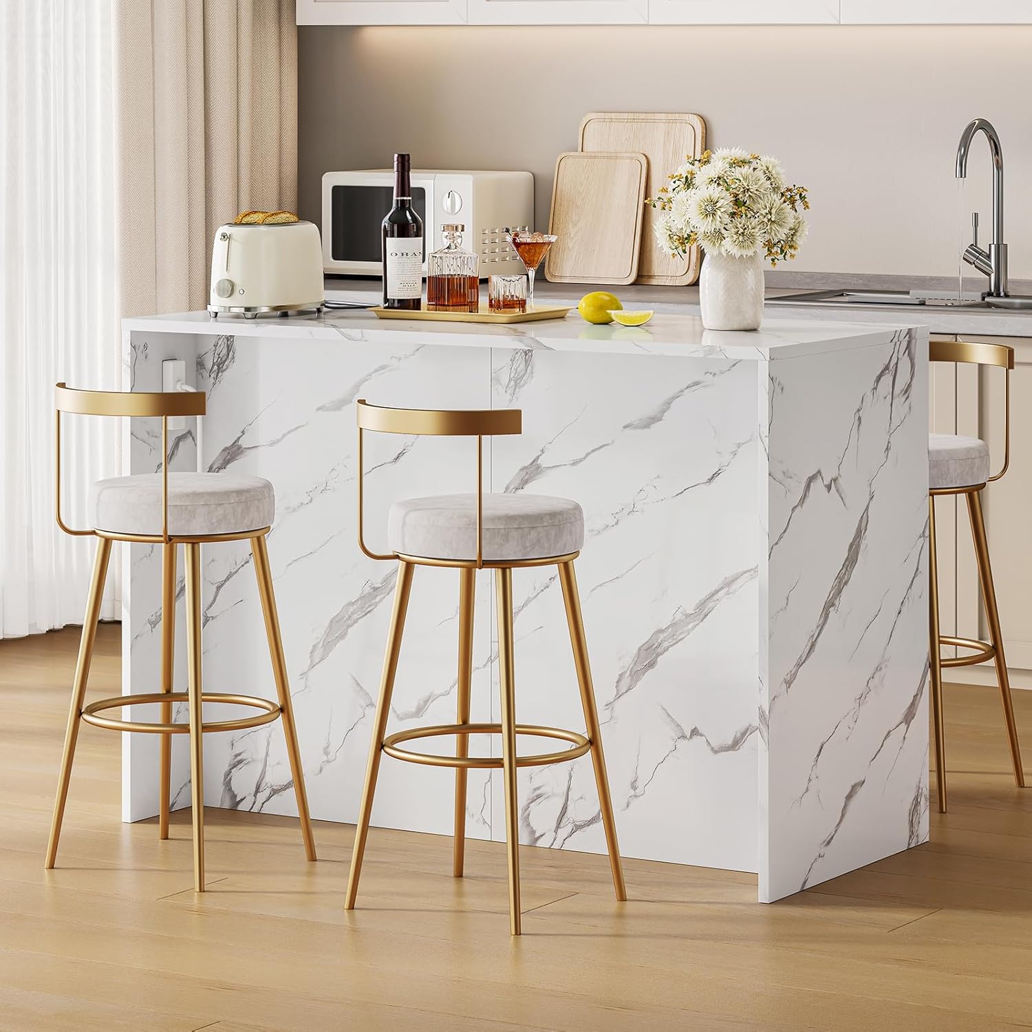 ONBRILL 47.3" Kitchen Island with 2 Storage Cabinets & 4 Drawers, Modern Imitation Marble Dining Table with Power Outlet, Island Bar Table for Kitchen, Dining Room, Living Room, White