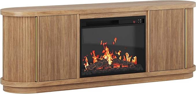 BELLEZE 67" Fluted TV Stand with Electric Fireplace Heater w/Sound, Curved Entertainment Center with Sliding Tambour Doors, Media Console Table for TV up to 75" for Living Room (Camel)