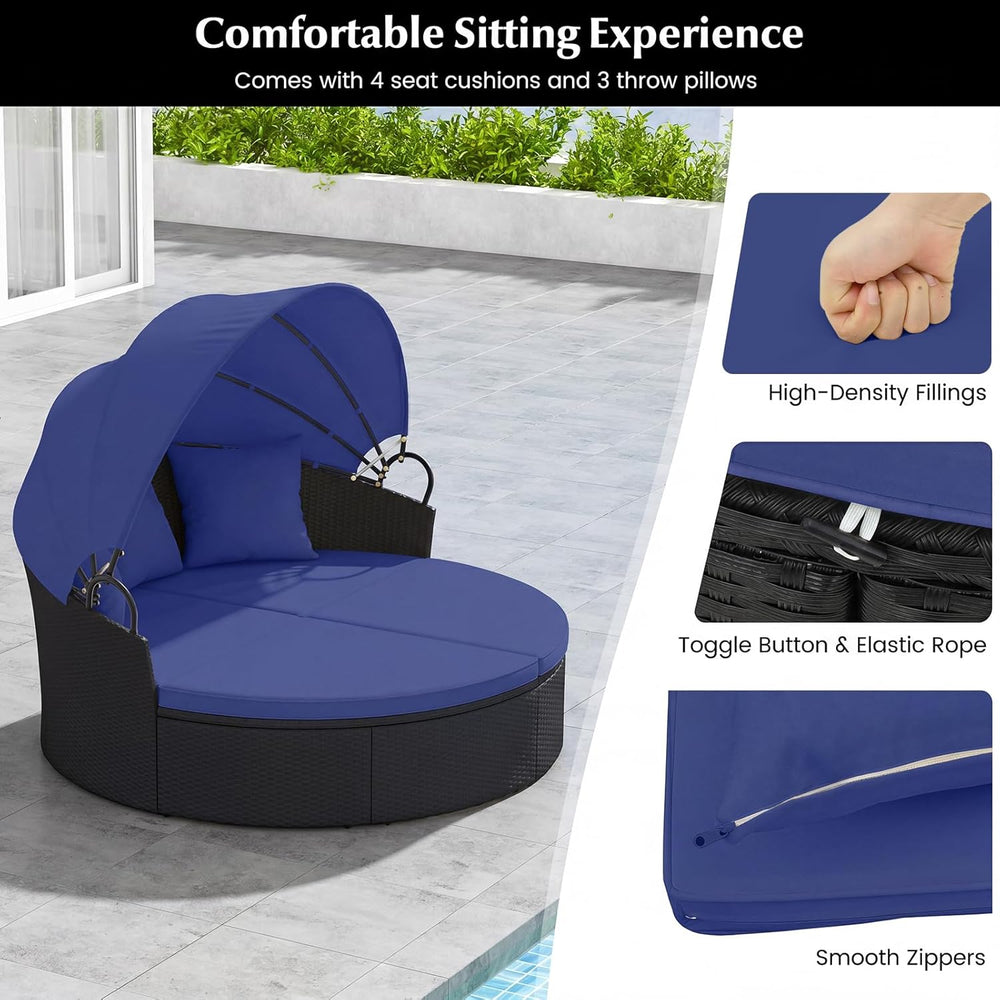 RELAX4LIFE Round Outdoor Daybed with Canopy - Wicker Sectional Sofa Sunbed w/...