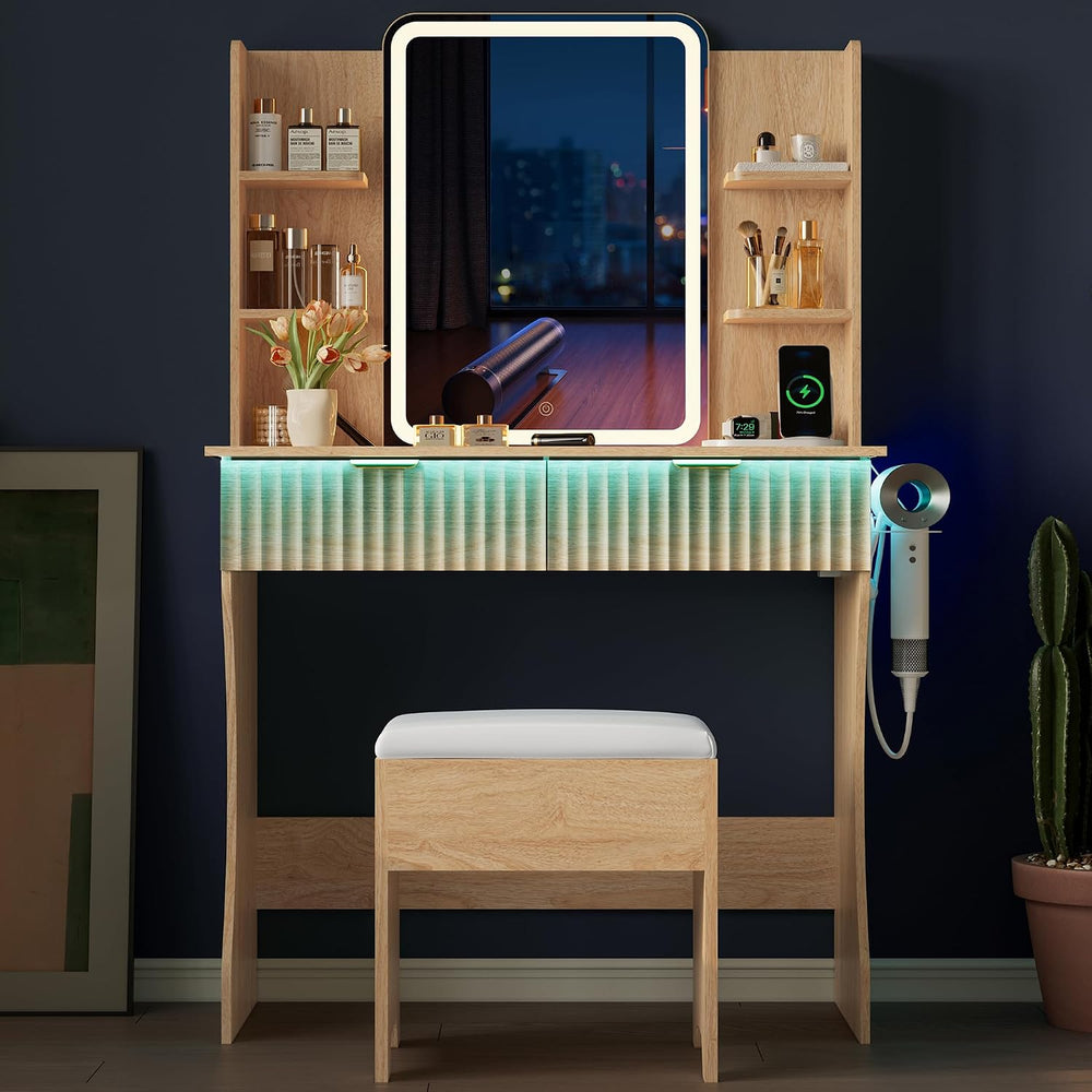 Vanity Desk with LED Lights Mirror & Power Outlet, Small Makeup Vanity Ta...
