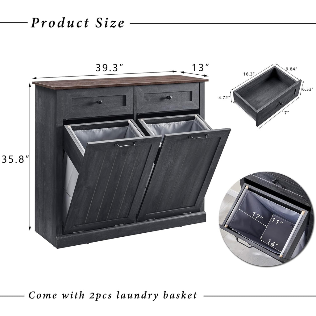 Double Tilt Out Trash Cabinet, 20 Gallon Farmhouse Laundry Hamper Cabinet with 2 Drawers, Hidden Wooden Trash Can Cabinets with Storage Basket for Kitchen, Living Room (Dark Grey)