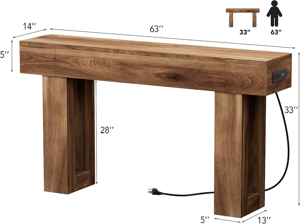 63 Inch Long Console Table w/Outlets & USB Ports, Narrow Rectangular Sofa...
