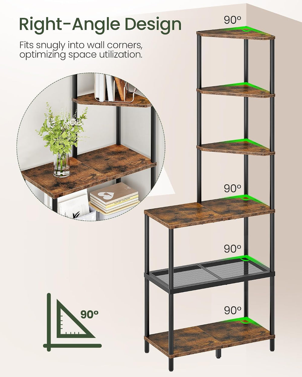 CHOEZON 6-Tier Corner Shelf, Industrial Corner Bookshelf with Desk Top, Diamo...