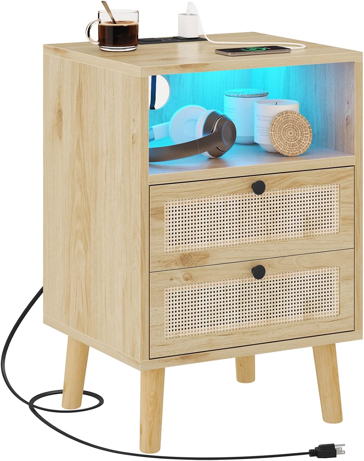 AOGLLATI Rattan Nightstands Set of 2 with Charging Station and LED, Boho Night Stand with 2 Drawers and Open Storage, Boho Wood Bedside Table for Bedroom