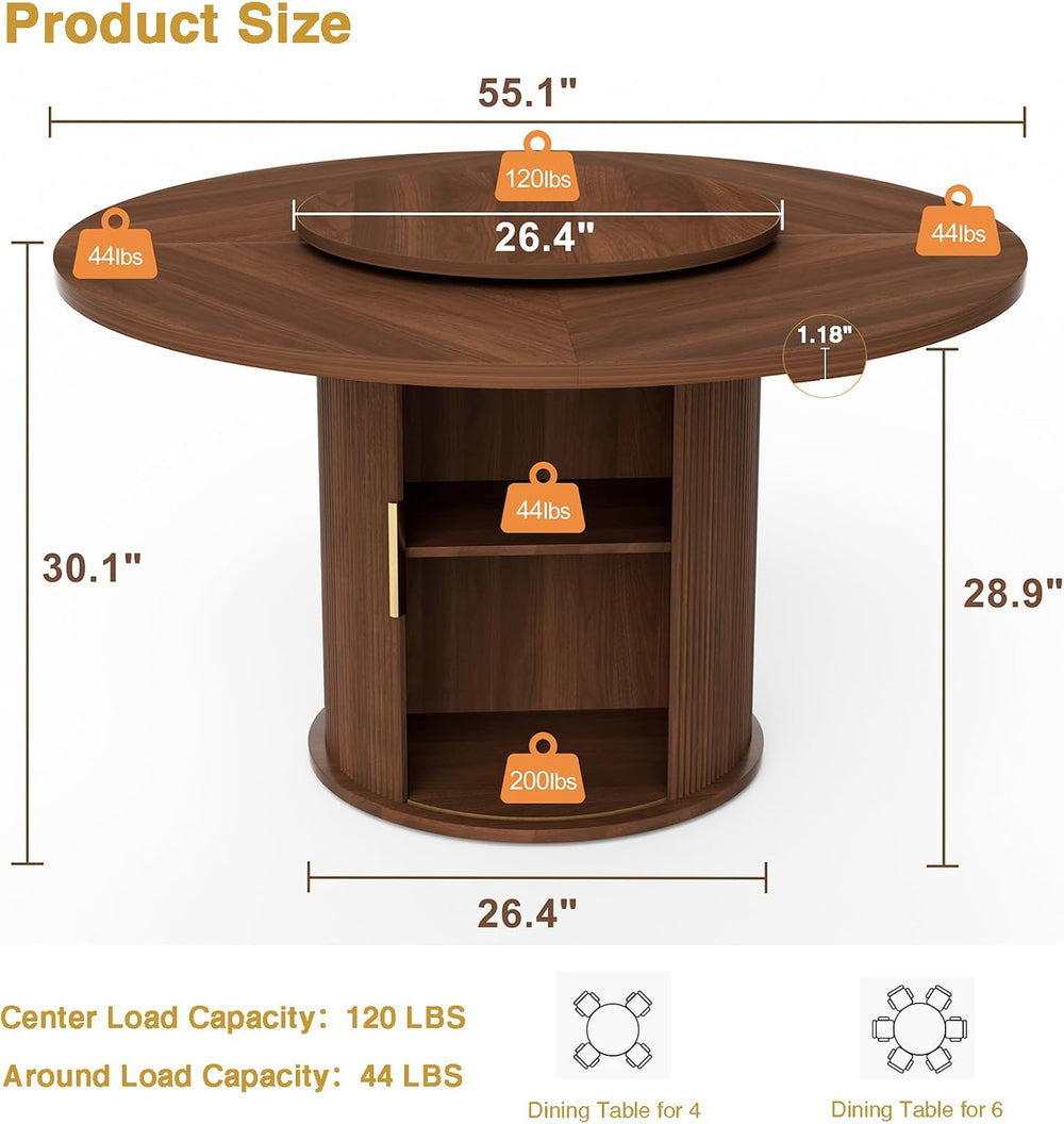 55" Round Dining Room Table with Lazy Susan, Mid-Century Modern Kitchen ...