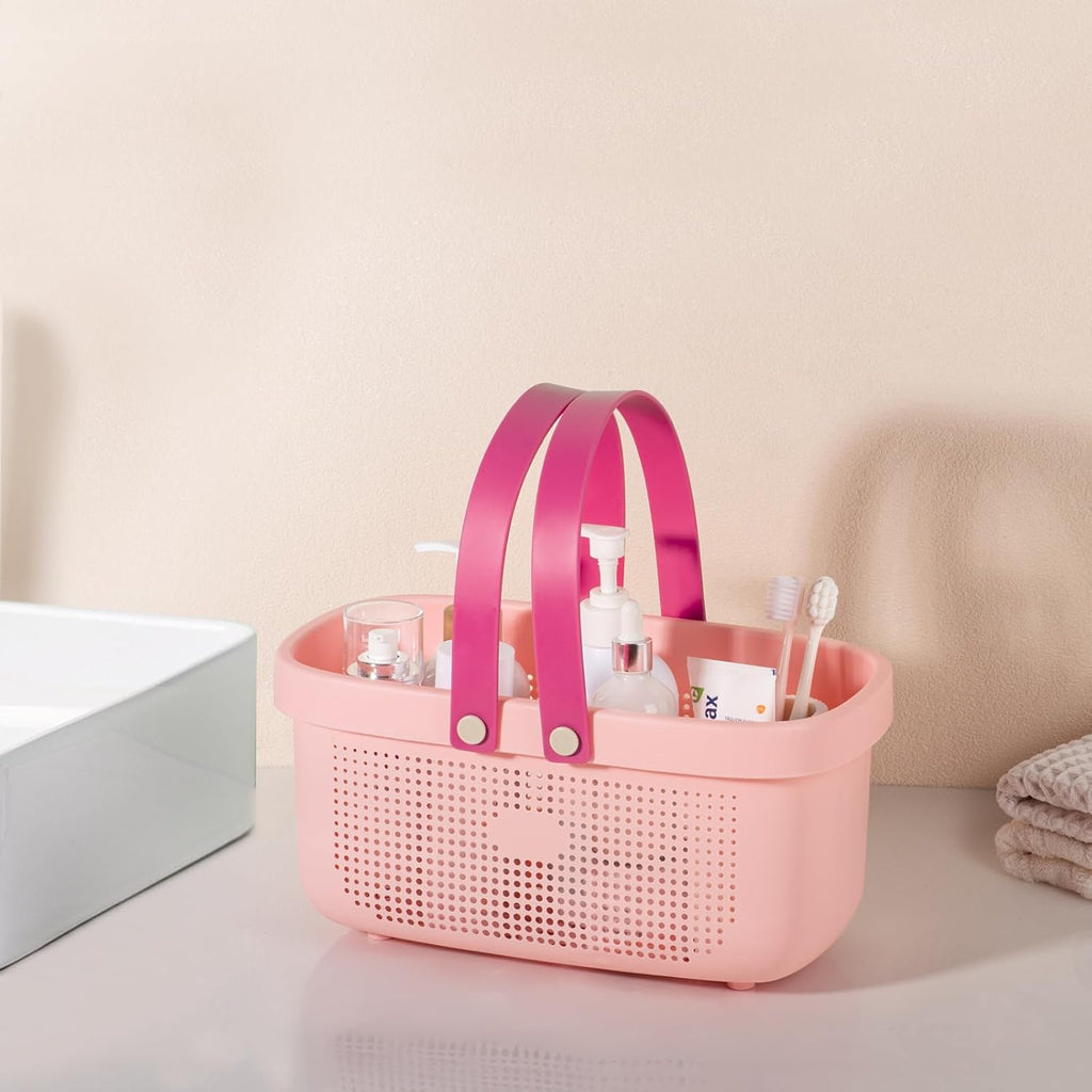 JiatuA Plastic Storage Basket with Handle Portable Shower Caddy Tote Organizer Basket Bin for Bathroom Kitchen Dorm Room Bedroom, Light Pink