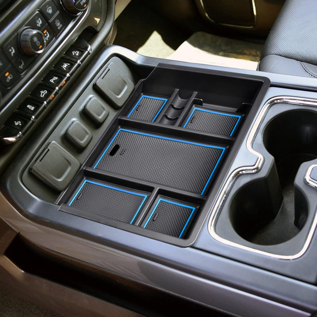 Center Console Organizer Tray Compatible with Chevy Silverado/GMC Sierra 1500/2500/3500HD 2014-2018,15-19 Silverado/Sierra 2500HD/3500HD Accessories Compartment,Full Console w/Bucket Seats ONLY,Blue