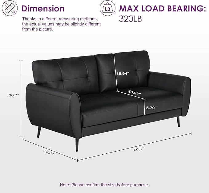 TYBOATLE Sofa Couch 61" Small Loveseat Couches for Living Room Leather Couch Mid Century Modern Tufted Mini Sofa Comfy Office 2 Seat Settee Love Seat for Small Spaces Bedroom (3, Black)