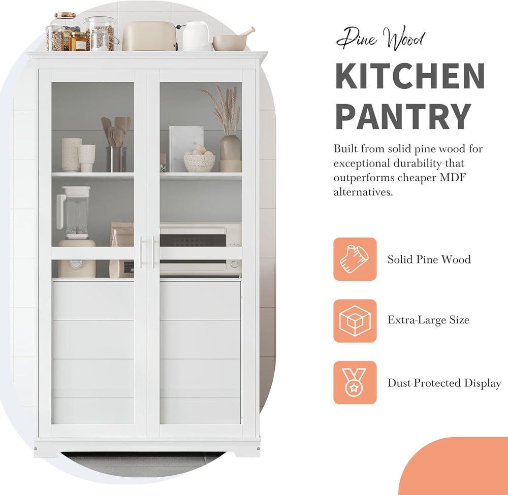 Merax 75" Tall Pantry Cabinet, Kitchen Pantry Storage Cabinets with Glas...