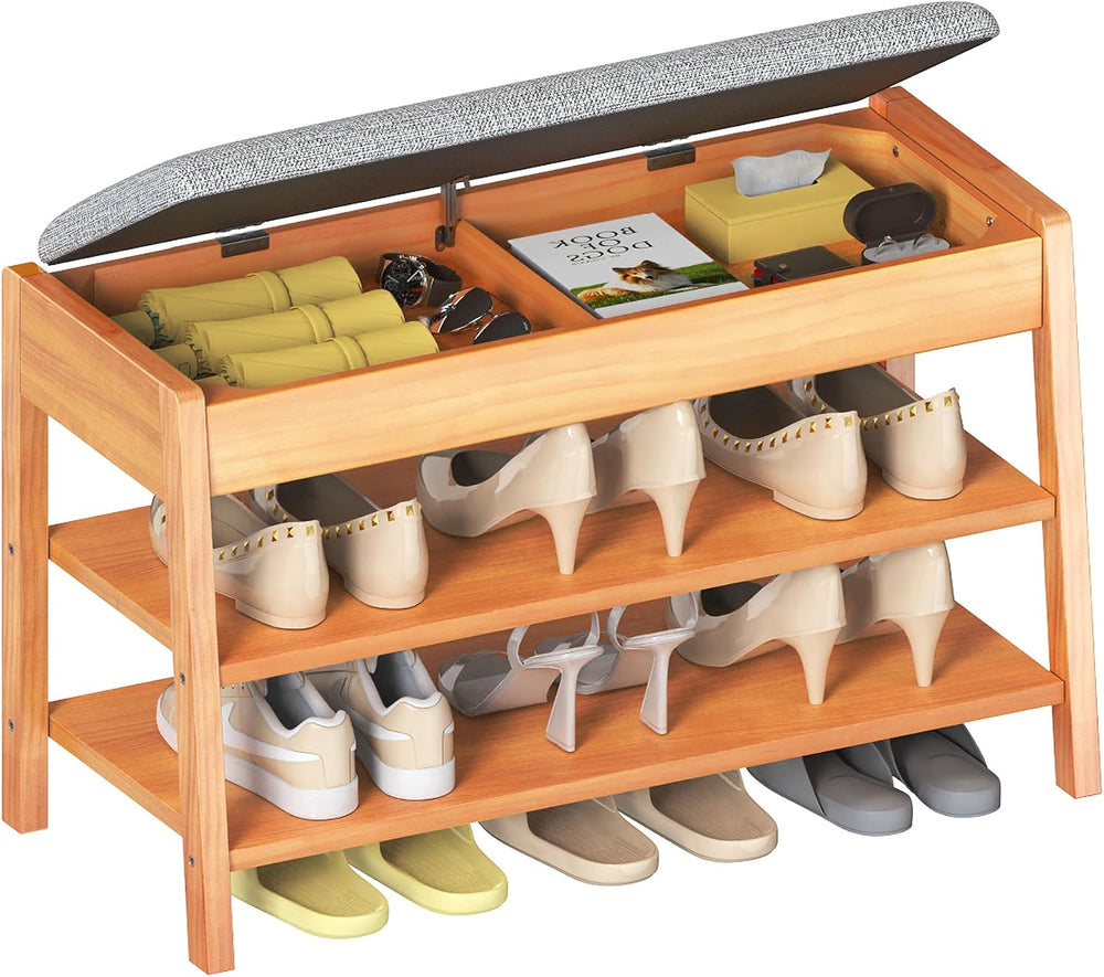 Shoe Rack Bench with Storage, 2-Tier Entryway Bench with Cotton-Linen Cushion...