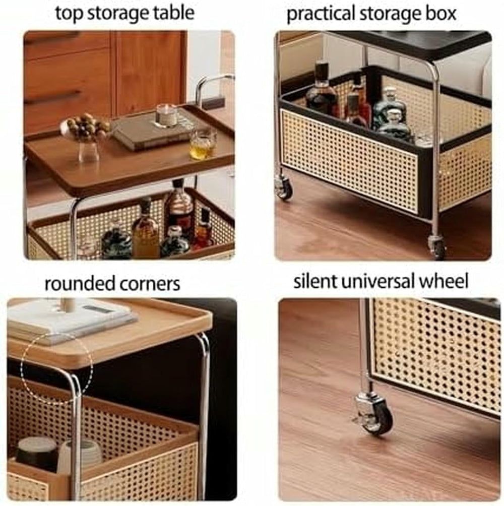 Rolling Rattan Side Table with Wheels - 2-Layer Storage Coffee Table & En...