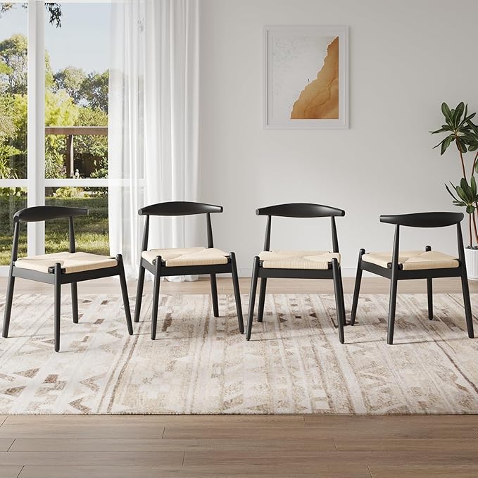 Farini Mid Century Modern Dining Chairs Set of 4, Solid Wood Frame Kitchen Chairs with Woven Upholstered Seat for Dining Room & Breakfast Nook,Black-Beige