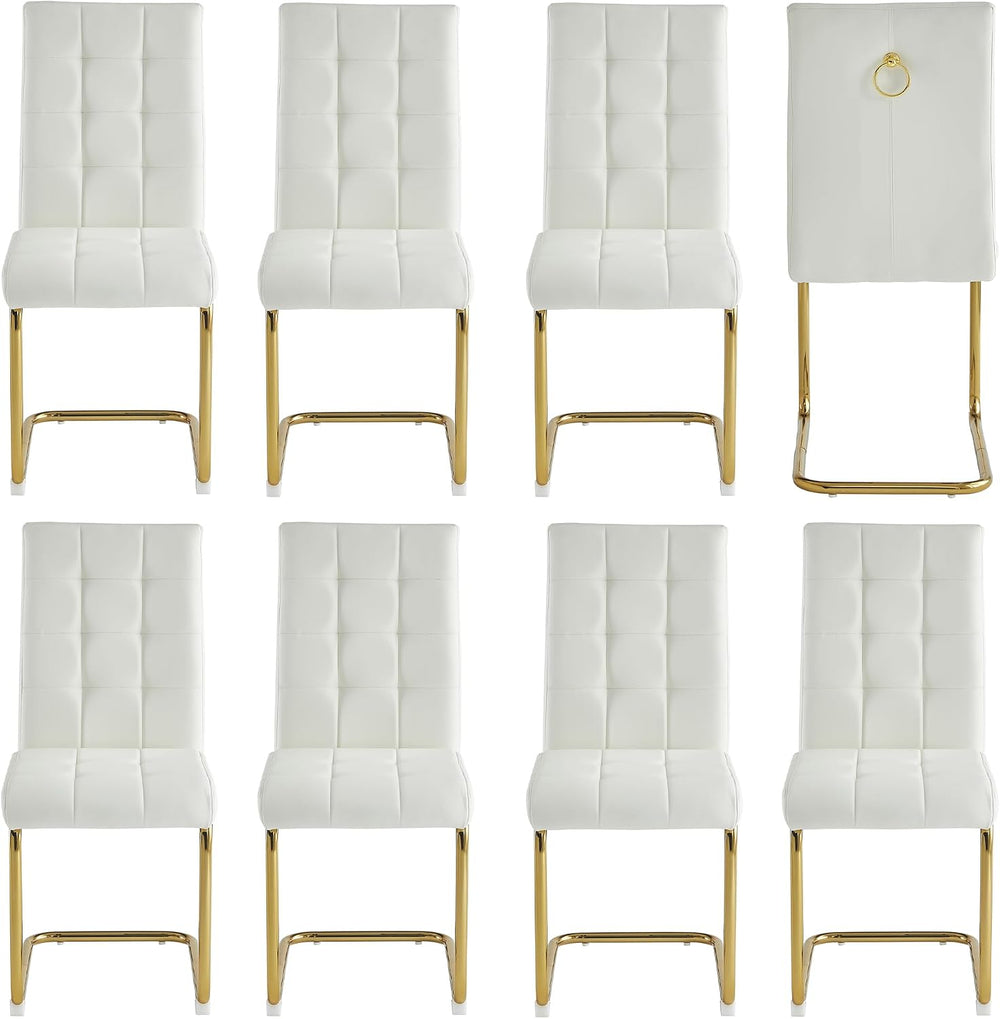Modern Dining Chairs Set of 8, White PU Leather Chairs with Pull Ring Backres...