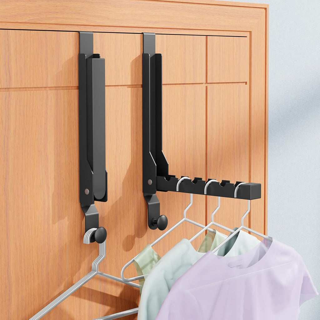 BAKON Over The Door Hanger Folding Clothes Drying Rack, Folding Hanging Coat Rack for Indoor Laundry Room Compact Small Space Foldable Portable Clothing Hanger Hook Collapsible (Black-2(Upgraded))