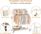 Laiensia Double Rods Garment Rack with Wheels, Clothing Rack for Hanging Clothes,4 Hooks, Multi-functional Bedroom Clothes Rack, White