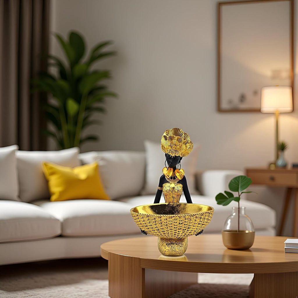 African Tribal Statue - Tribal Lady Figure Sculpture Tray,Coffee Table/Office/Shelf/Living Room Handmade Home Decor - Best Gift for Birthday/Anniversary/Wedding (Gold)