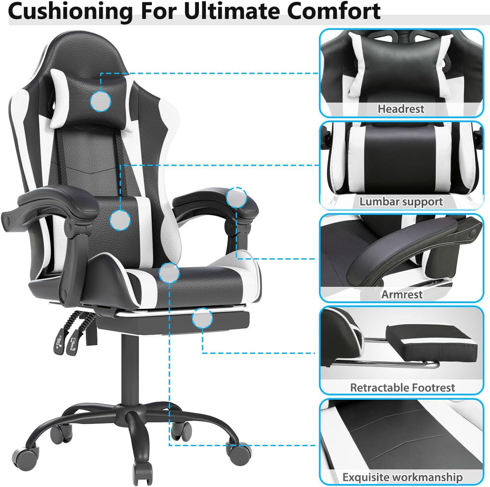 OS MOTOR Gaming Chair with Headrest and Lumbar Support, White | Ergonomic Hig...