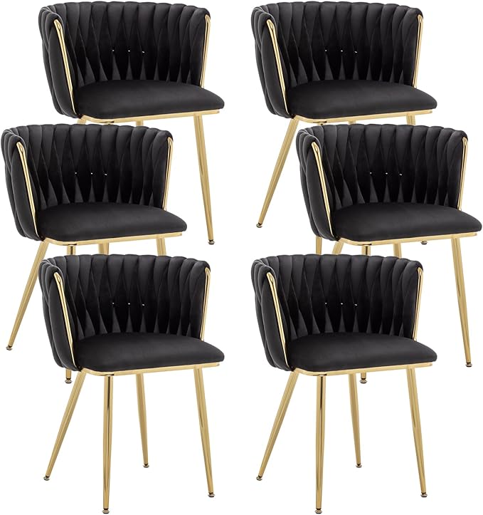 Kiztir Black Velvet Dining Chairs Set of 6, Upholstered Dining Room Chairs with Gold Metal Legs, Modern Dining Chairs with Woven Back for Living Room, Bedroom, Kitchen