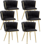 Kiztir Black Velvet Dining Chairs Set of 6, Upholstered Dining Room Chairs with Gold Metal Legs, Modern Dining Chairs with Woven Back for Living Room, Bedroom, Kitchen