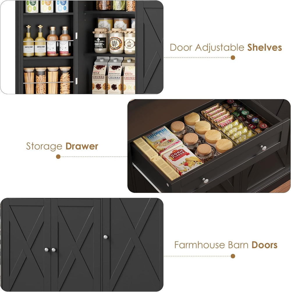 HIFIT 72.8” LED Kitchen Pantry Cabinet with Charging Station, 55” Wide Farmho...