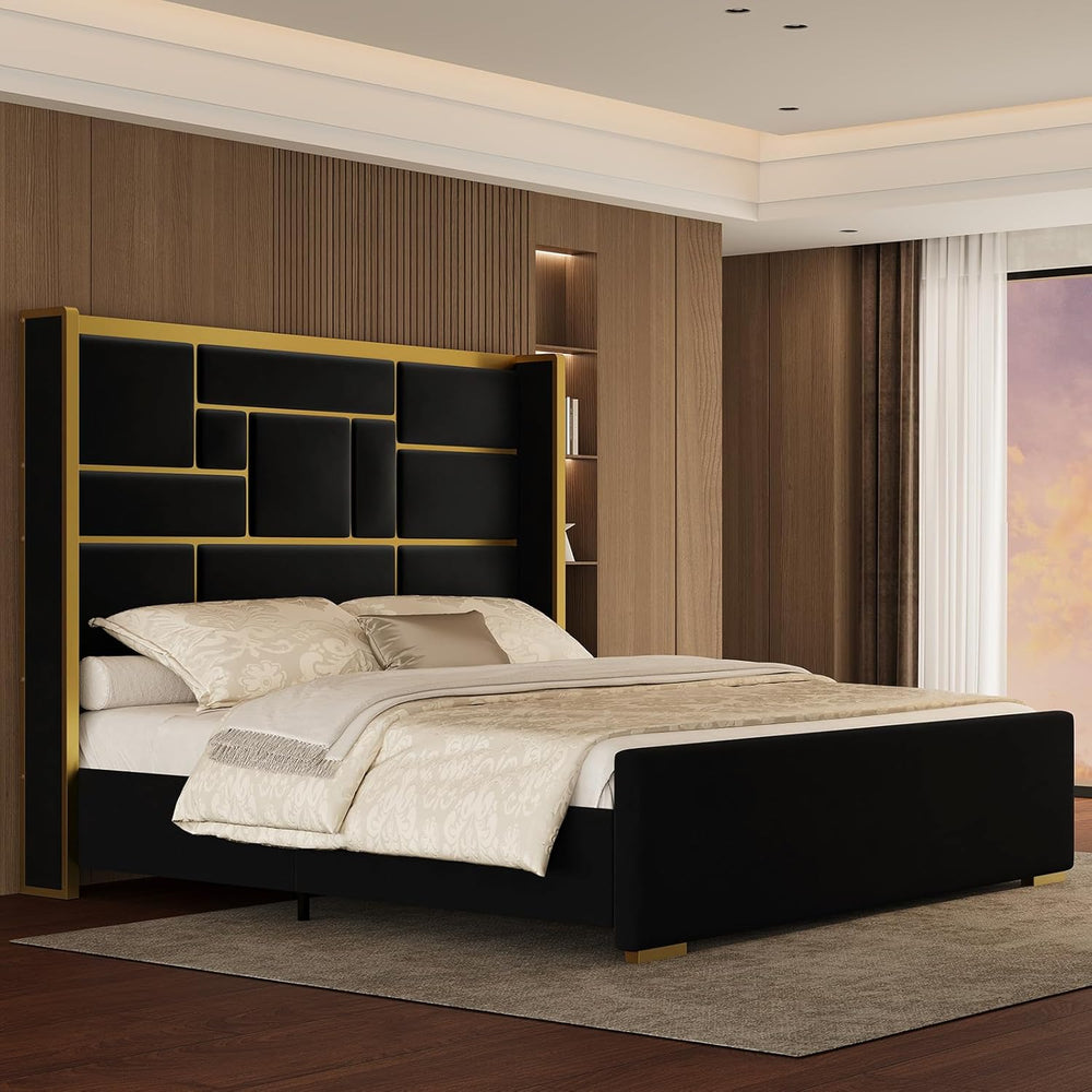 Queen Bed Frame with 55.12" Tall Headboard, Black and Gold