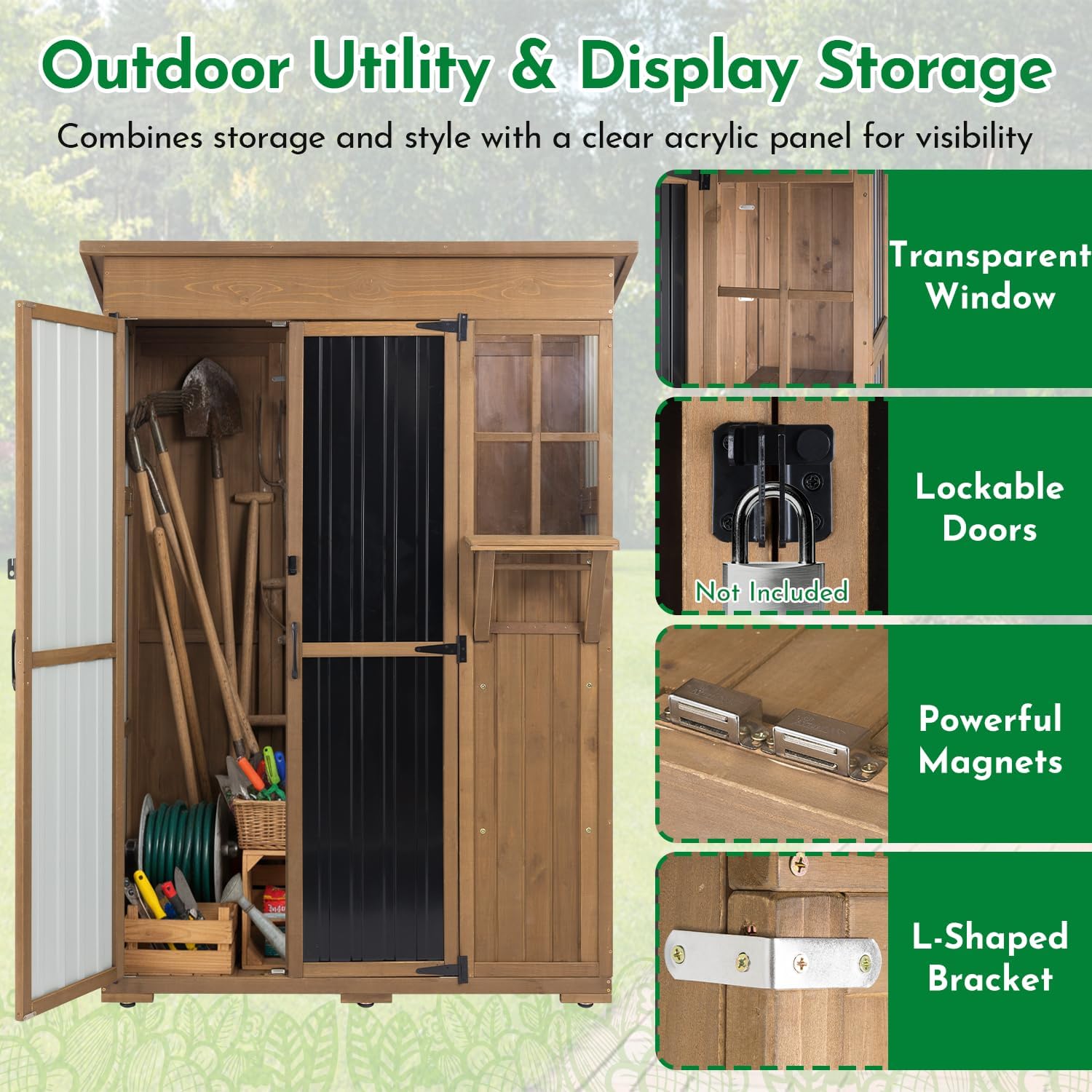 Outdoor Storage Cabinet, Large Wood & Metal Garden Shed with Foldable Table, Weather-Resistant Asphalt Roof, Lockable Doors & Adjustable Feet for Patio, Backyard, or Garage (47"L x 20"W x 70"H)