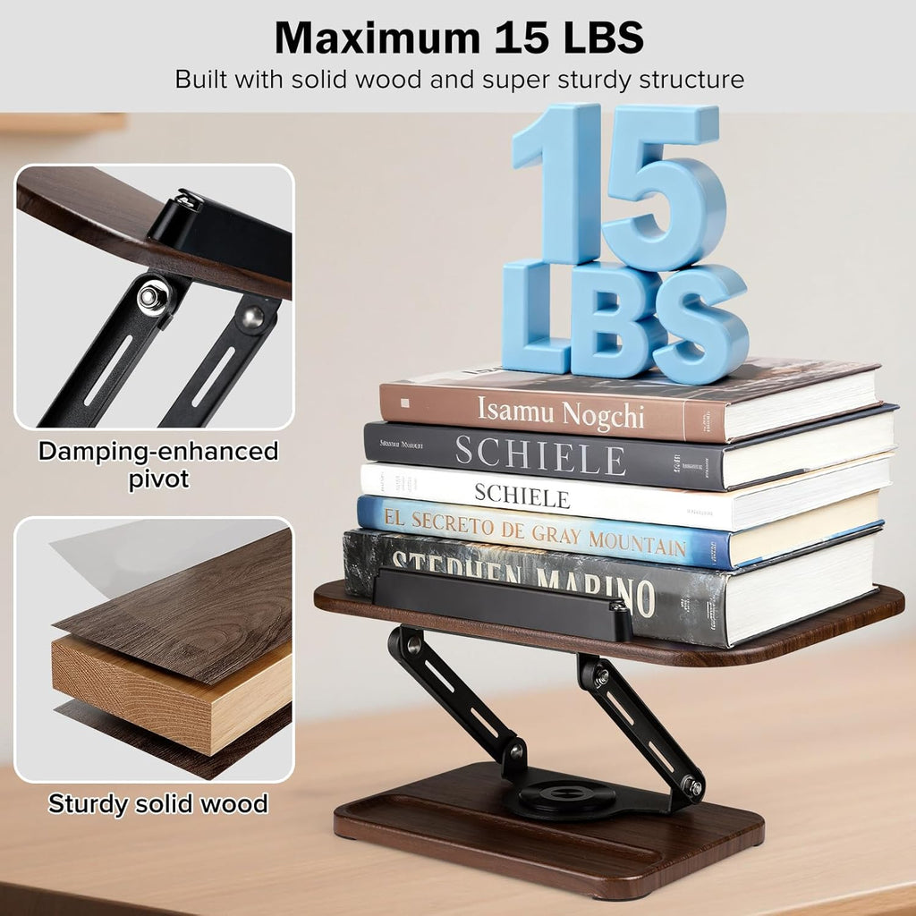Book Stand with Light & Storage, Book Holders for Reading Hands Free, Wooden Cookbook Stand with Adjustable Height & 360 °Angle for Recipe,Magazine,Laptop,Tablet, Bible