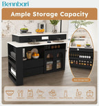 Retro Kitchen Island with Extendable Rotating Tabletop, Power Outlets, Glass Door Cabinets, 4 Drawers, Ships in 2 Boxes (Black & Marble Veneer)