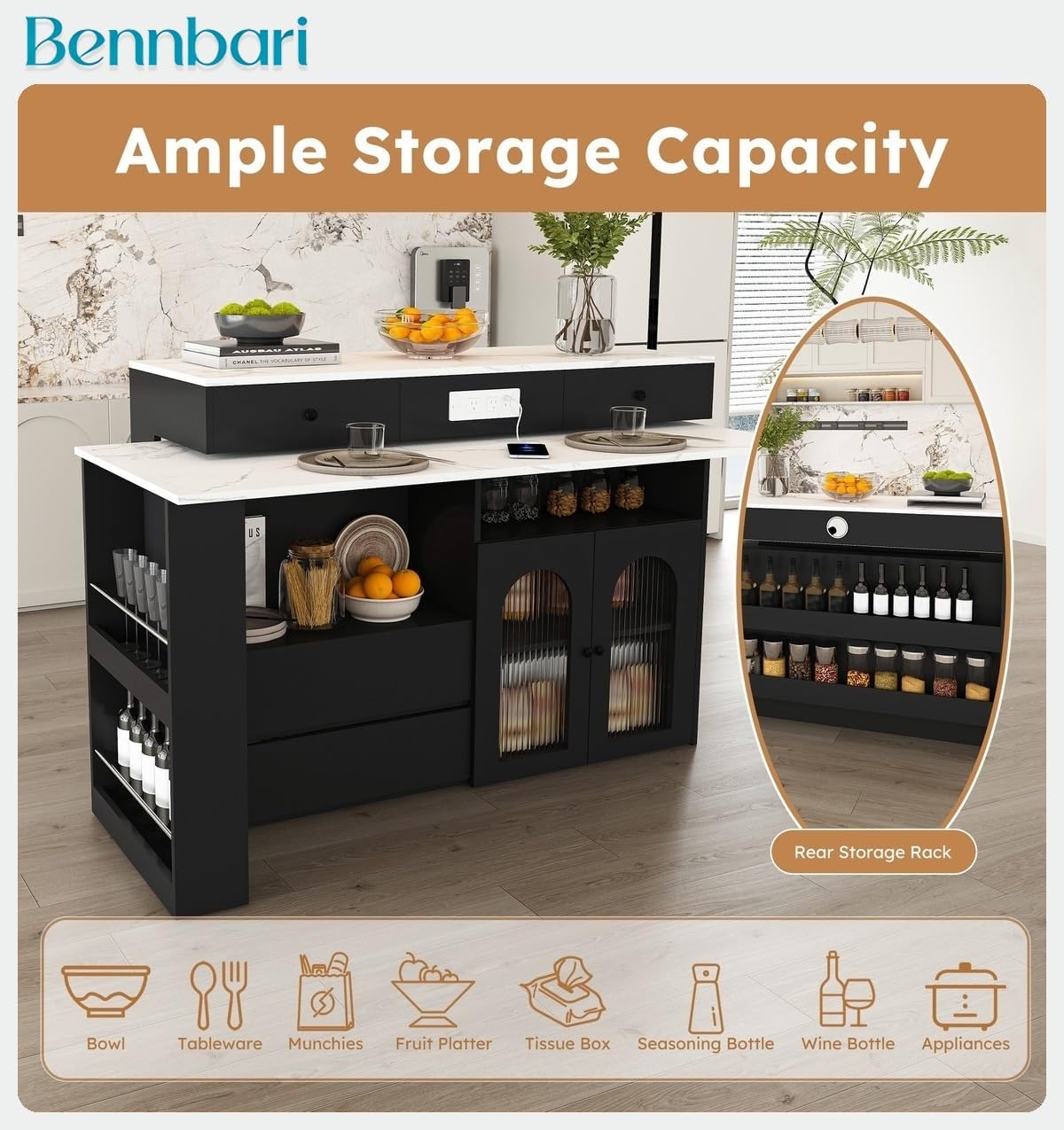 Retro Kitchen Island with Extendable Rotating Tabletop, Power Outlets, Glass Door Cabinets, 4 Drawers, Ships in 2 Boxes (Black & Marble Veneer)