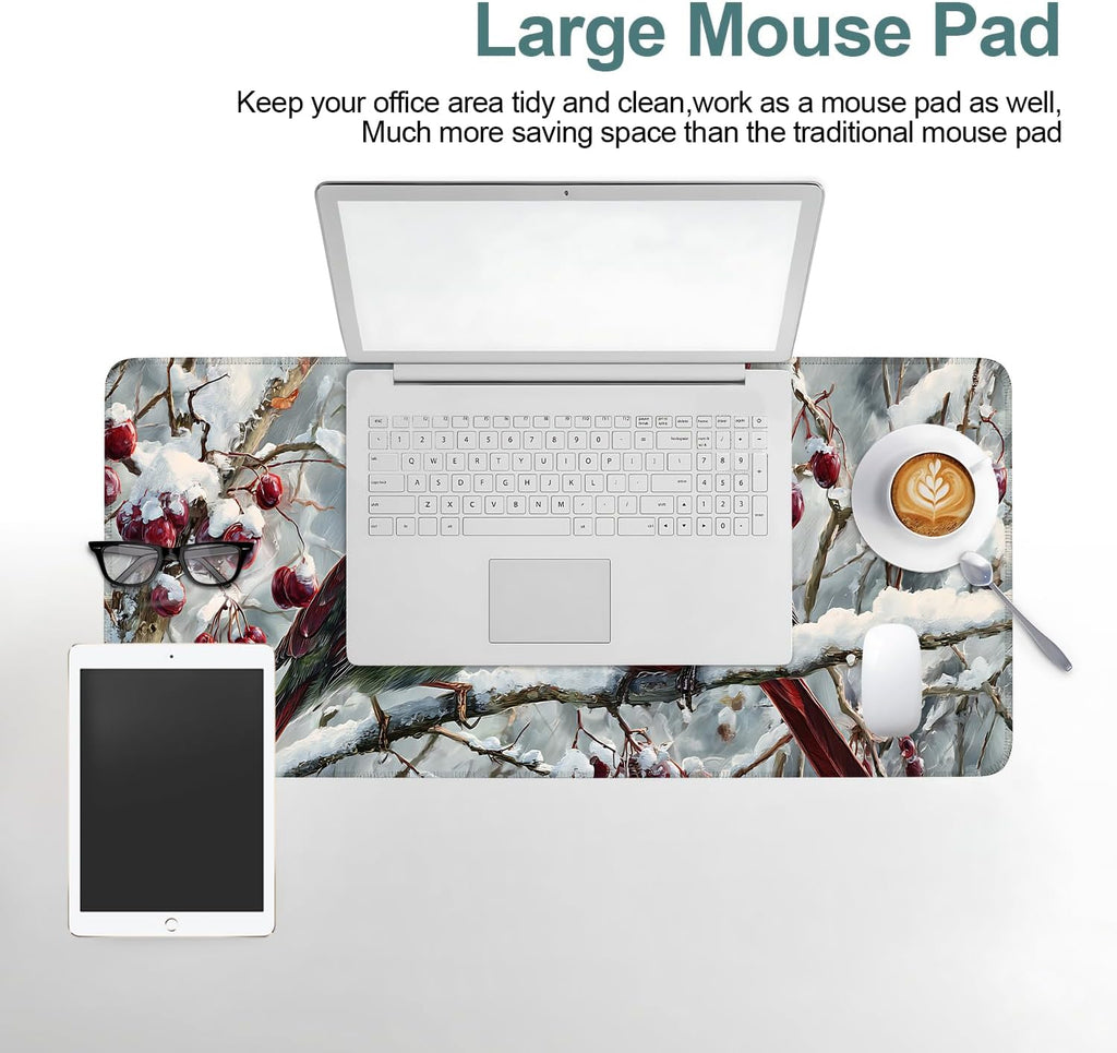 Winter Cardinal Bird Gaming Mouse Pad 31.5"x11.8"Desk Mat Anti-Slip Rubber Base & Durable Stitched Edges for Gamers Smooth Mouse Writing Surface for Desk Office/Home