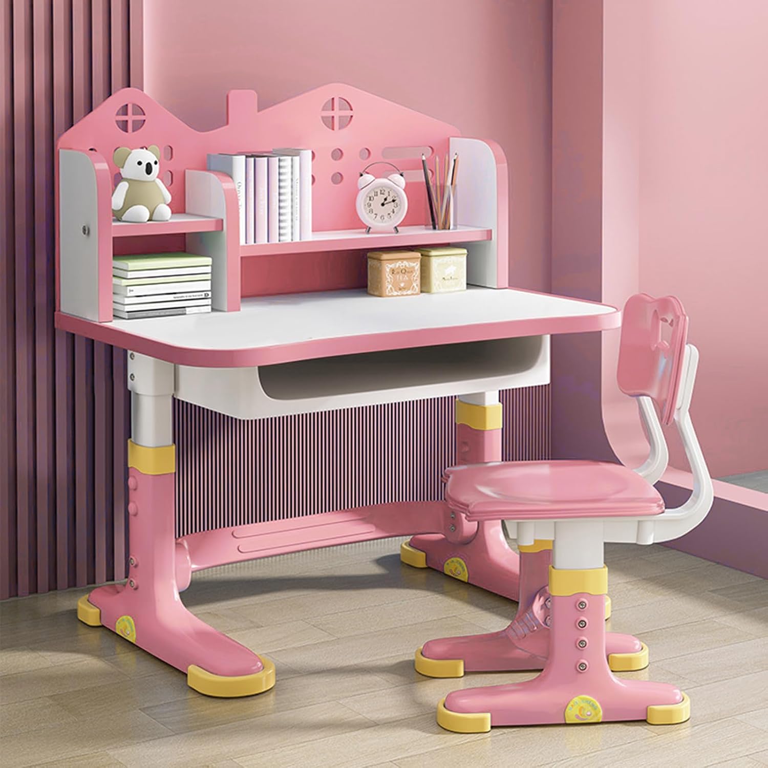 Kids Desk and Chair Set, Kids Functional Desk and Chair Set for Kids 6-12, Height Adjustable Children Study Desk, Upgraded Writing Study Table, Suitable Gift for Girls Boys (Pink)