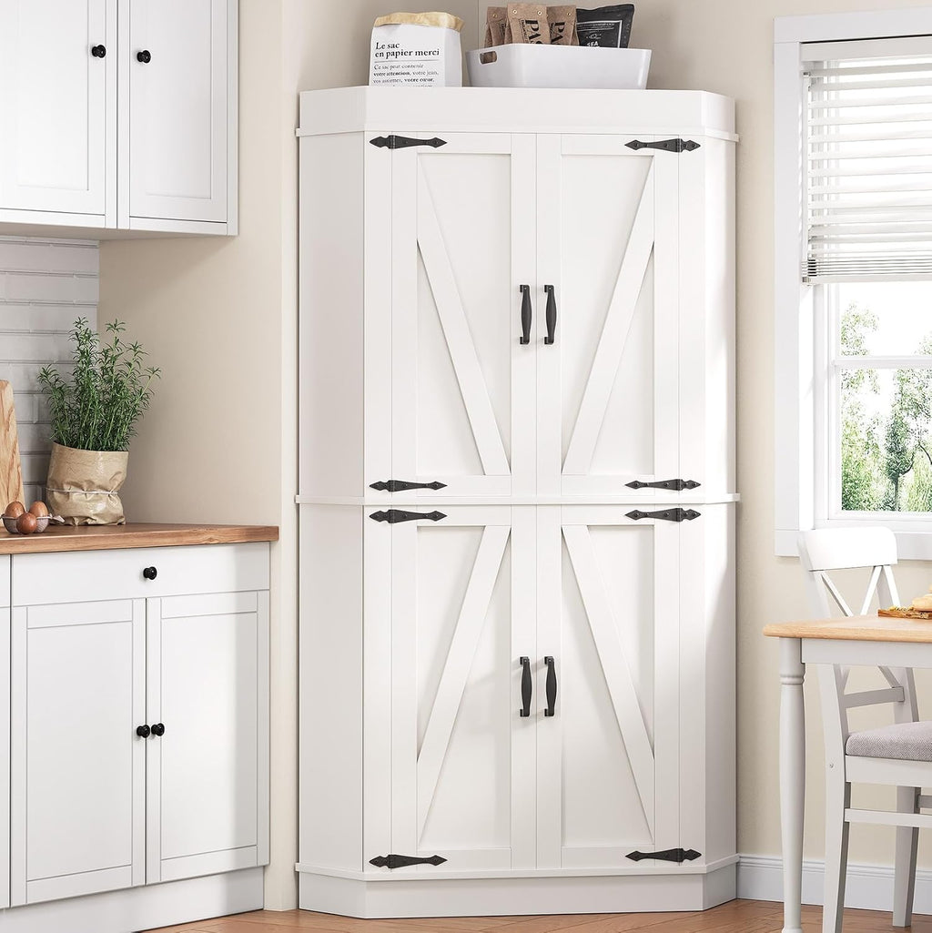 Jocoevol Corner Cabinet, Kitchen Pantry Storage Cabinet with 4 Doors and Shelves, Tall Food Pantry Storage Cabinet Farmhouse Furniture for Kitchen Dining Room, White