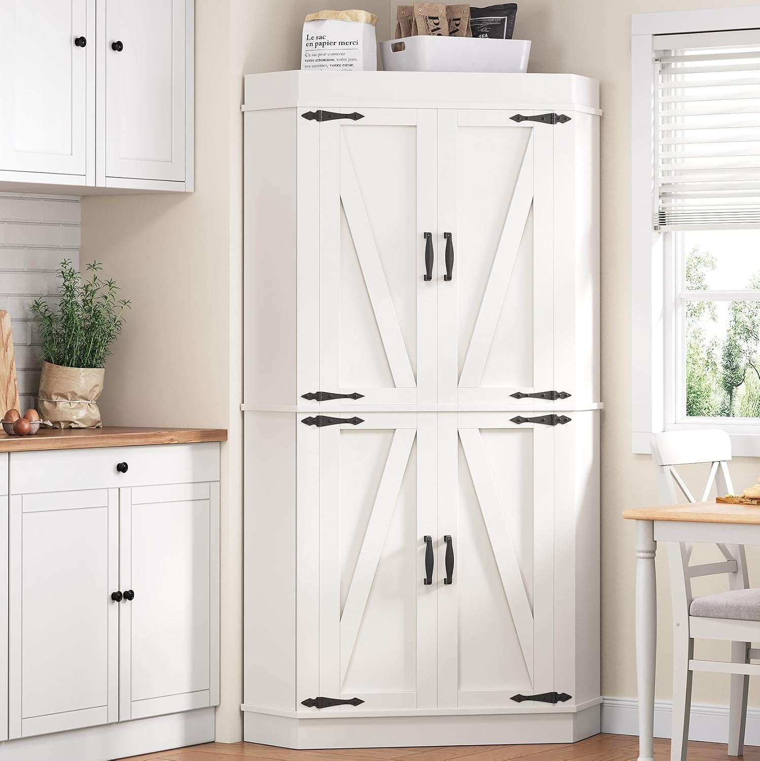 Jocoevol Corner Cabinet, Kitchen Pantry Storage Cabinet with 4 Doors and Shelves, Tall Food Pantry Storage Cabinet Farmhouse Furniture for Kitchen Dining Room, White